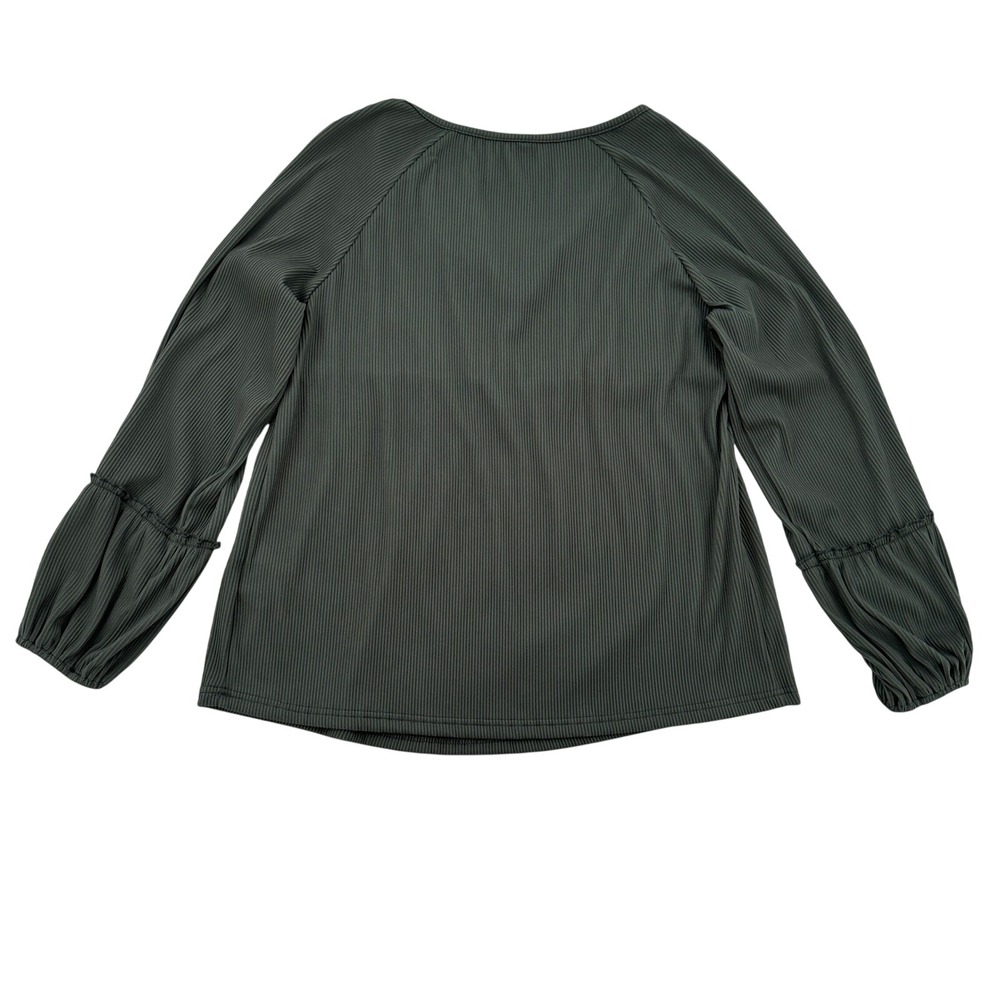 OIBILI Women's Green Ribbed Smocked Baby Doll Button Front Blouse Long Sleeve M